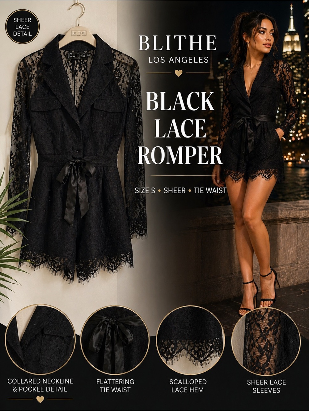 BLITHE Los Angeles Black Lace Romper Size Small Sheer Sleeve Tie Waist